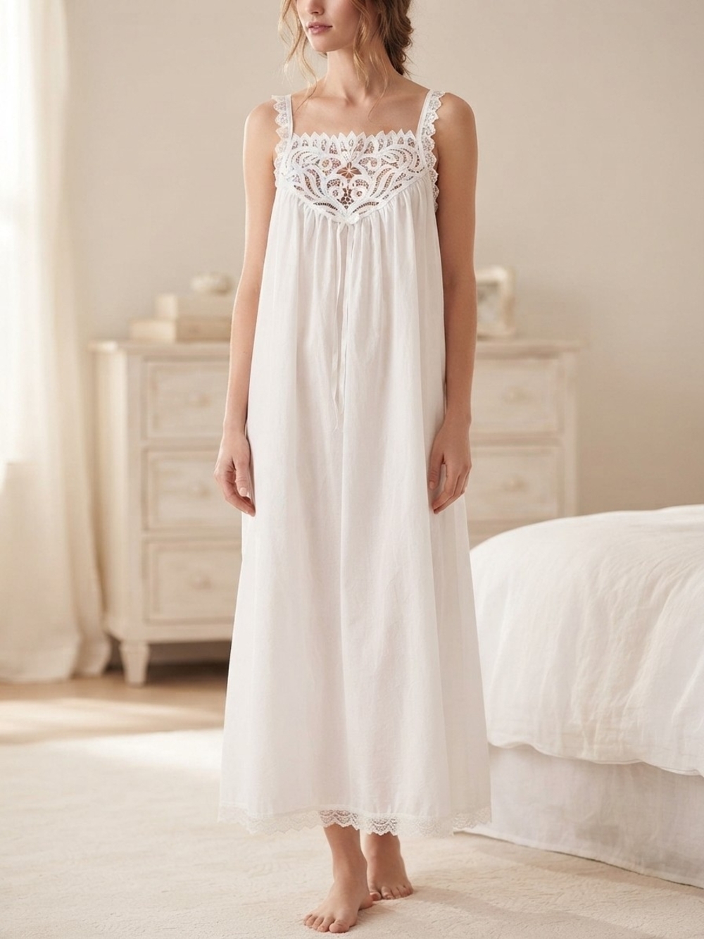 Vintage Henri Bendel Priamo White Cotton Lace Maxi Nightgown Medium EUC